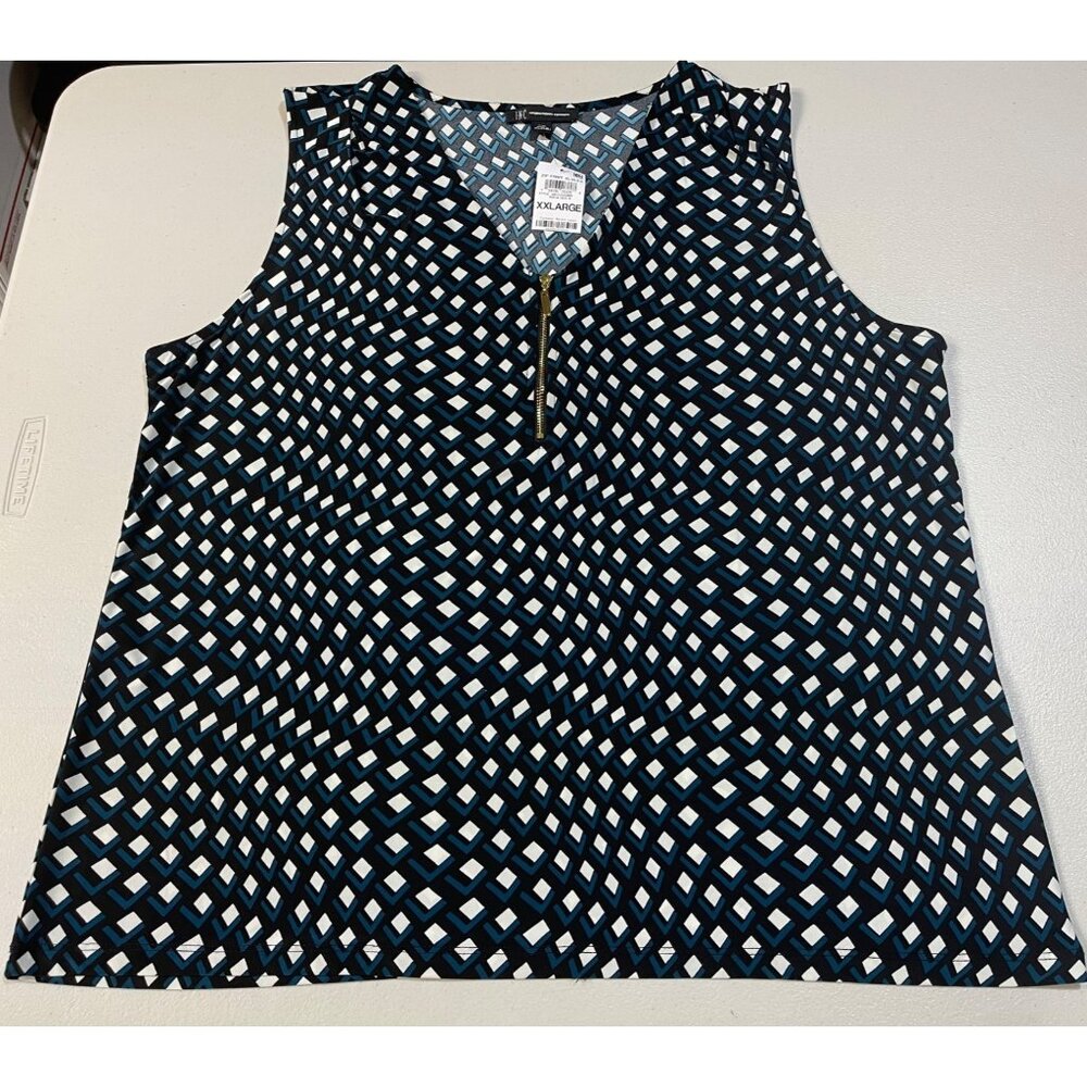 INC Geometric Print Zip Front Sleeveless Blouse Top XXL turquoise black white